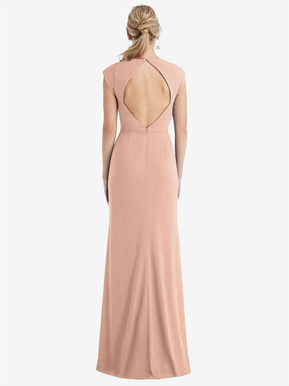 【STYLE: TH051】Cap Sleeve Open-Back Trumpet Gown with Front Slit【COLOR: Pale Peach】