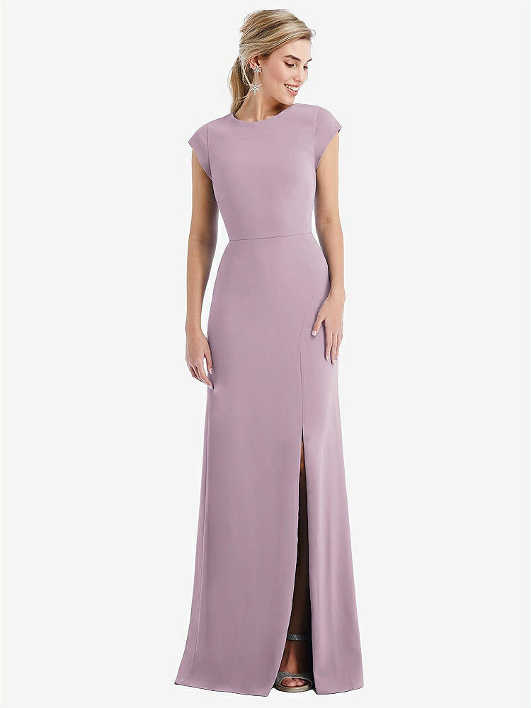 【STYLE: TH051】Cap Sleeve Open-Back Trumpet Gown with Front Slit【COLOR: Suede Rose】