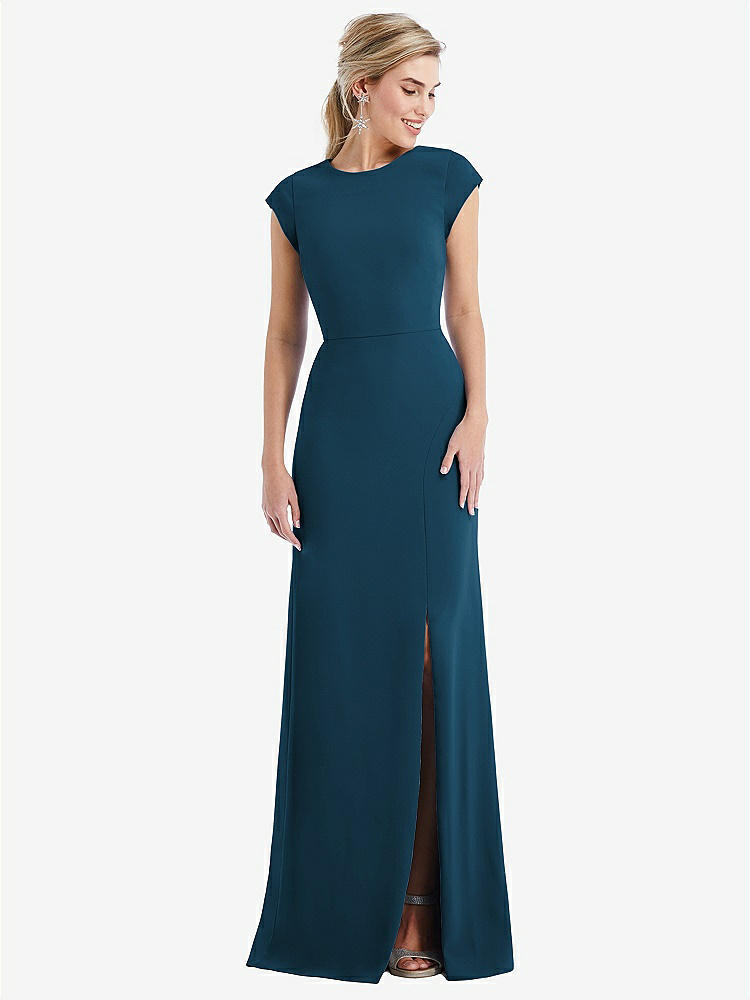 【STYLE: TH051】Cap Sleeve Open-Back Trumpet Gown with Front Slit【COLOR: Atlantic Blue】