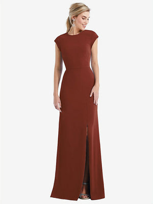 【STYLE: TH051】Cap Sleeve Open-Back Trumpet Gown with Front Slit【COLOR: Auburn Moon】