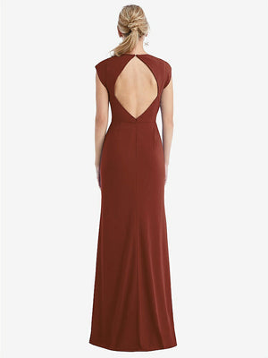 【STYLE: TH051】Cap Sleeve Open-Back Trumpet Gown with Front Slit【COLOR: Auburn Moon】