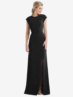 【STYLE: TH051】Cap Sleeve Open-Back Trumpet Gown with Front Slit【COLOR: Black】