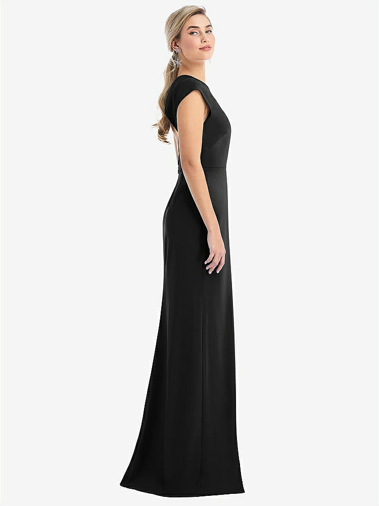【STYLE: TH051】Cap Sleeve Open-Back Trumpet Gown with Front Slit【COLOR: Black】