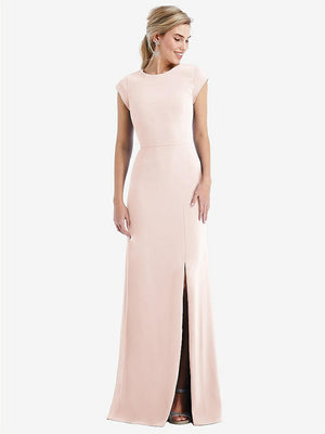【STYLE: TH051】Cap Sleeve Open-Back Trumpet Gown with Front Slit【COLOR: Blush】