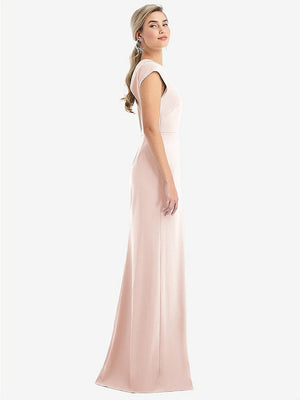 【STYLE: TH051】Cap Sleeve Open-Back Trumpet Gown with Front Slit【COLOR: Blush】