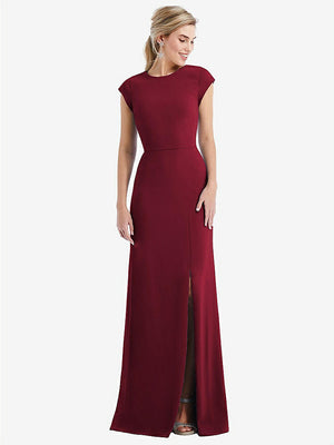 【STYLE: TH051】Cap Sleeve Open-Back Trumpet Gown with Front Slit【COLOR: Burgundy】