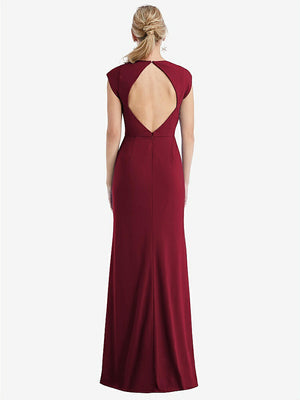 【STYLE: TH051】Cap Sleeve Open-Back Trumpet Gown with Front Slit【COLOR: Burgundy】