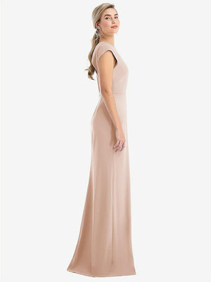 【STYLE: TH051】Cap Sleeve Open-Back Trumpet Gown with Front Slit【COLOR: Cameo】