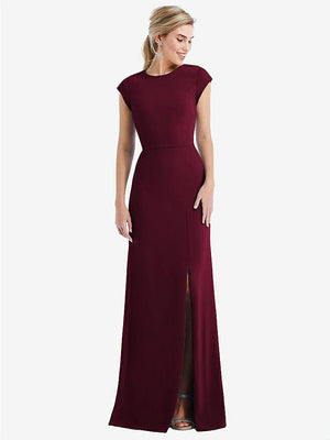 【STYLE: TH051】Cap Sleeve Open-Back Trumpet Gown with Front Slit【COLOR: Cabernet】
