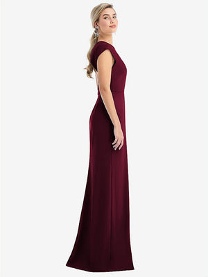 【STYLE: TH051】Cap Sleeve Open-Back Trumpet Gown with Front Slit【COLOR: Cabernet】