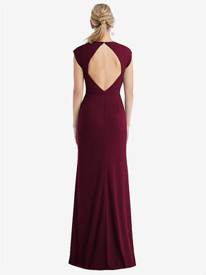 【STYLE: TH051】Cap Sleeve Open-Back Trumpet Gown with Front Slit【COLOR: Cabernet】