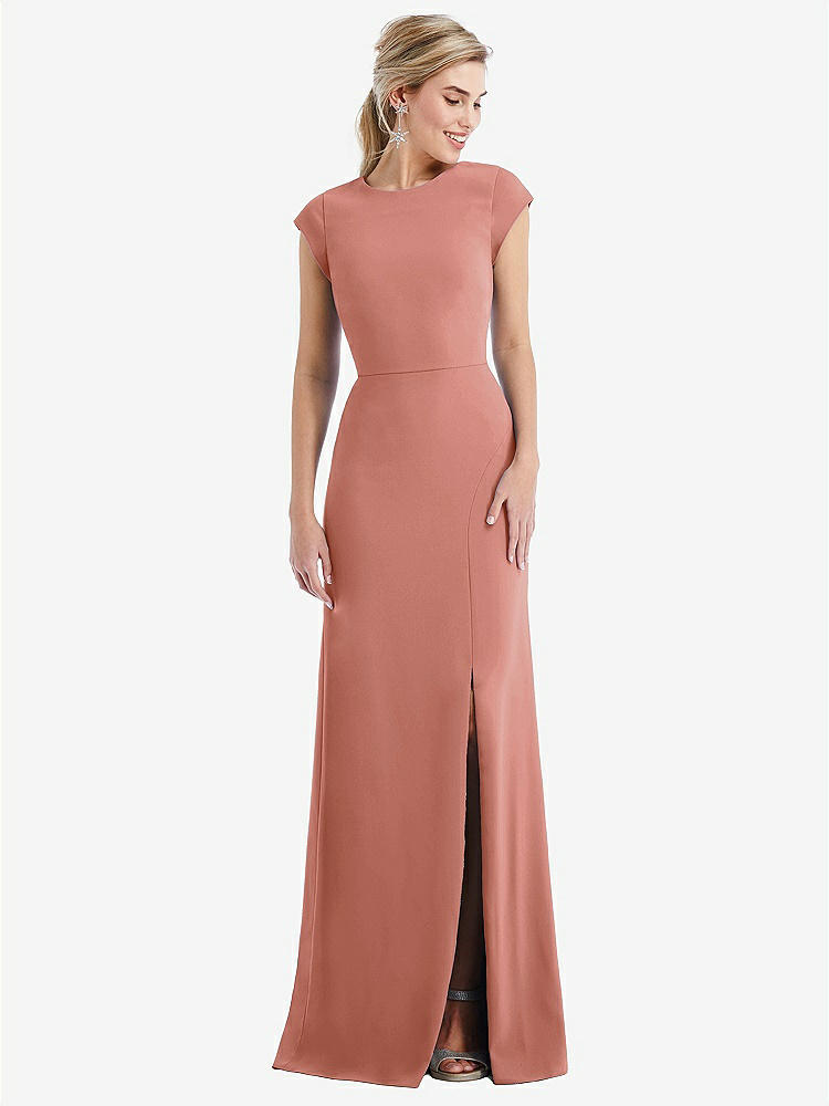 【STYLE: TH051】Cap Sleeve Open-Back Trumpet Gown with Front Slit【COLOR: Desert Rose】