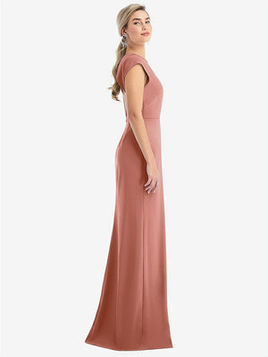 【STYLE: TH051】Cap Sleeve Open-Back Trumpet Gown with Front Slit【COLOR: Desert Rose】