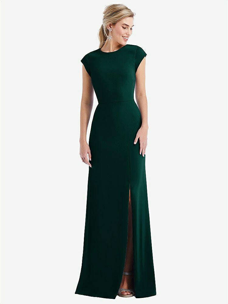 【STYLE: TH051】Cap Sleeve Open-Back Trumpet Gown with Front Slit【COLOR: Evergreen】