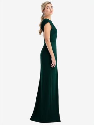 【STYLE: TH051】Cap Sleeve Open-Back Trumpet Gown with Front Slit【COLOR: Evergreen】