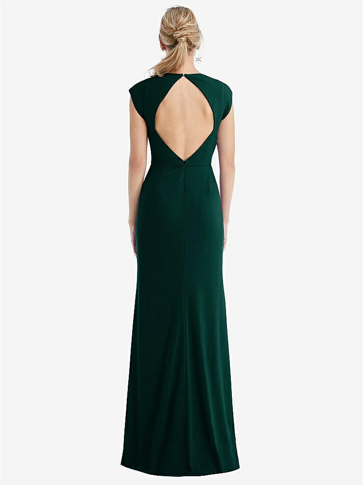 【STYLE: TH051】Cap Sleeve Open-Back Trumpet Gown with Front Slit【COLOR: Evergreen】