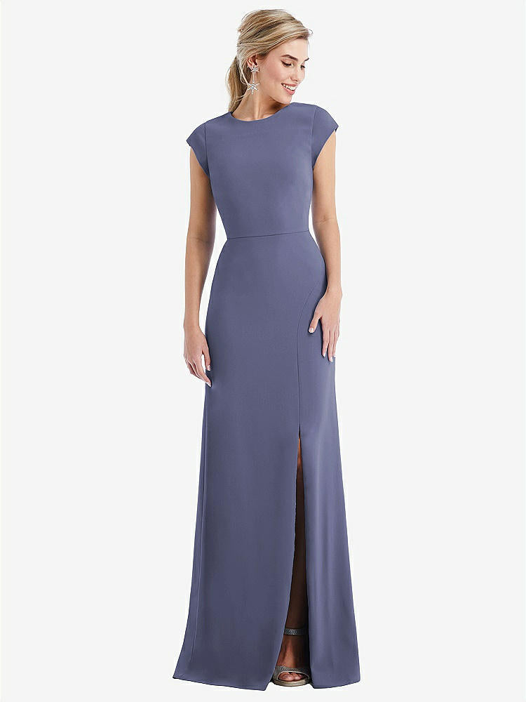 【STYLE: TH051】Cap Sleeve Open-Back Trumpet Gown with Front Slit【COLOR: French Blue】