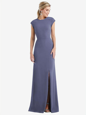 【STYLE: TH051】Cap Sleeve Open-Back Trumpet Gown with Front Slit【COLOR: French Blue】