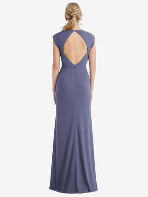 【STYLE: TH051】Cap Sleeve Open-Back Trumpet Gown with Front Slit【COLOR: French Blue】