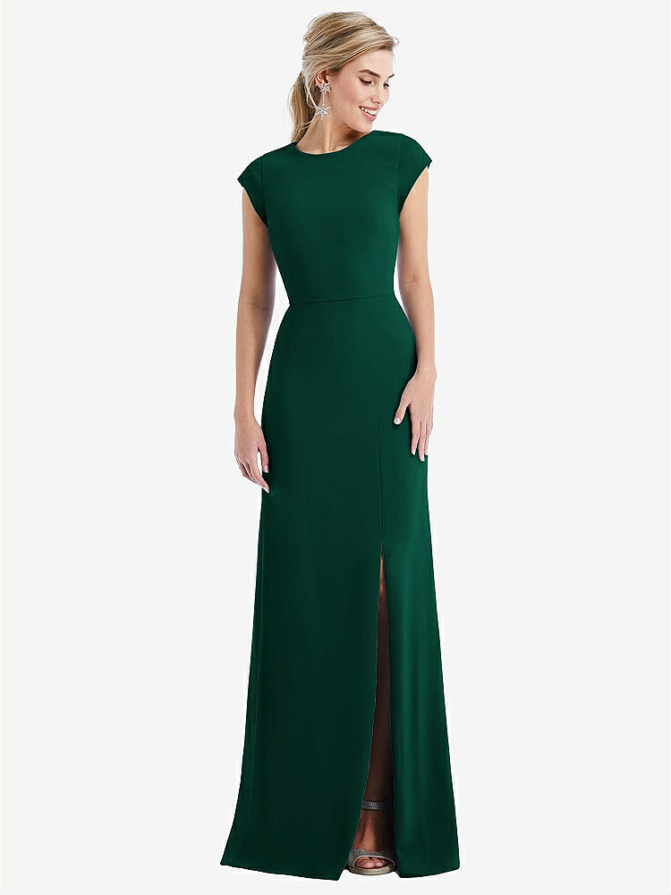 【STYLE: TH051】Cap Sleeve Open-Back Trumpet Gown with Front Slit【COLOR: Hunter Green】