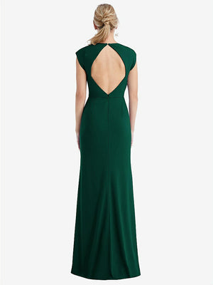【STYLE: TH051】Cap Sleeve Open-Back Trumpet Gown with Front Slit【COLOR: Hunter Green】