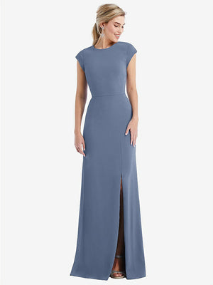 【STYLE: TH051】Cap Sleeve Open-Back Trumpet Gown with Front Slit【COLOR: Larkspur Blue】