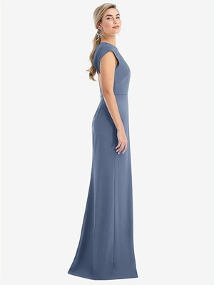 【STYLE: TH051】Cap Sleeve Open-Back Trumpet Gown with Front Slit【COLOR: Larkspur Blue】