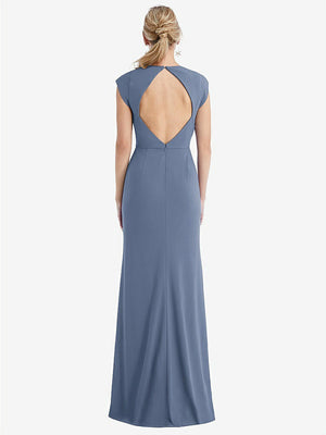 【STYLE: TH051】Cap Sleeve Open-Back Trumpet Gown with Front Slit【COLOR: Larkspur Blue】