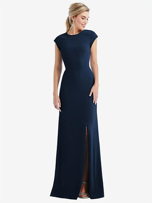 【STYLE: TH051】Cap Sleeve Open-Back Trumpet Gown with Front Slit【COLOR: Midnight Navy】