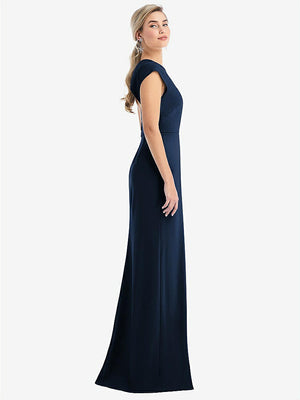 【STYLE: TH051】Cap Sleeve Open-Back Trumpet Gown with Front Slit【COLOR: Midnight Navy】