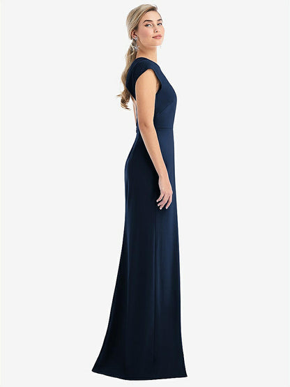 【NEW】【STYLE: TH051】キャップ スリーブ オープンバック トランペット ガウン 前面 スリット【COLOR: Midnight Navy】【SIZE: 00-30W】