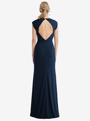 【STYLE: TH051】Cap Sleeve Open-Back Trumpet Gown with Front Slit【COLOR: Midnight Navy】