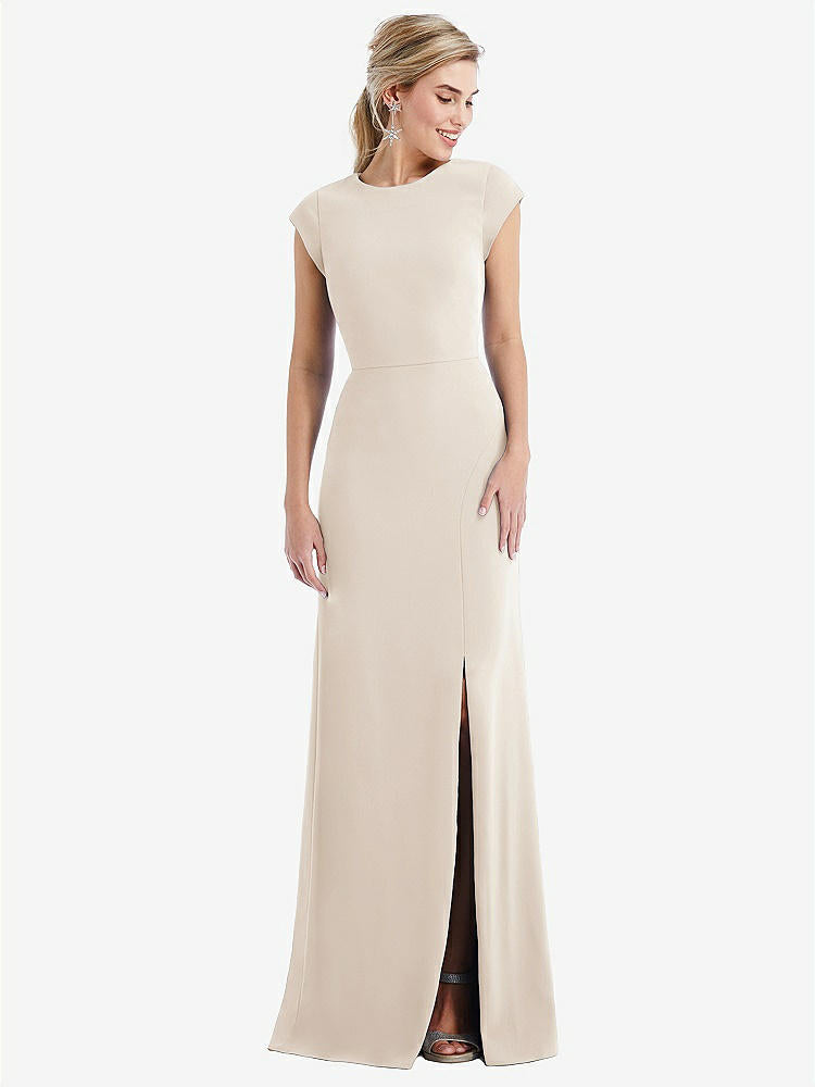 【STYLE: TH051】Cap Sleeve Open-Back Trumpet Gown with Front Slit【COLOR: Oat】