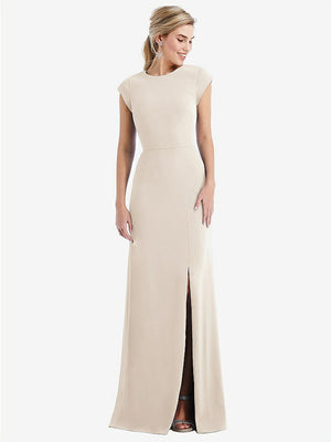 【STYLE: TH051】Cap Sleeve Open-Back Trumpet Gown with Front Slit【COLOR: Oat】