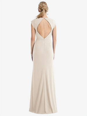 【STYLE: TH051】Cap Sleeve Open-Back Trumpet Gown with Front Slit【COLOR: Oat】