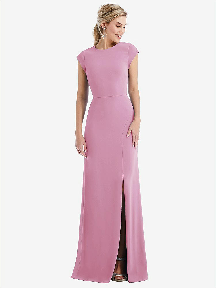 【STYLE: TH051】Cap Sleeve Open-Back Trumpet Gown with Front Slit【COLOR: Powder Pink】