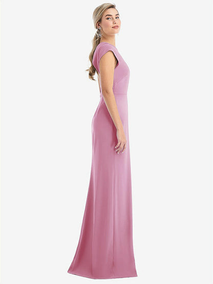 【NEW】【STYLE: TH051】キャップ スリーブ オープンバック トランペット ガウン 前面 スリット【COLOR: Powder Pink】【SIZE: 00-30W】