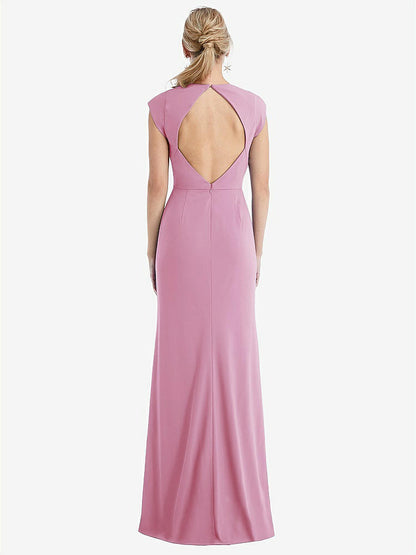 【NEW】【STYLE: TH051】キャップ スリーブ オープンバック トランペット ガウン 前面 スリット【COLOR: Powder Pink】【SIZE: 00-30W】