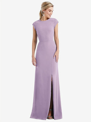 【STYLE: TH051】Cap Sleeve Open-Back Trumpet Gown with Front Slit【COLOR: Pale Purple】