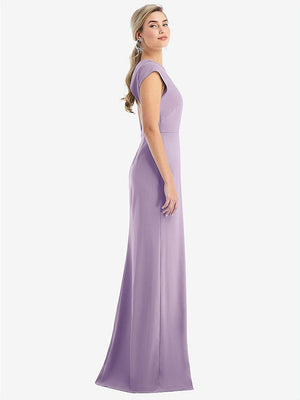 【STYLE: TH051】Cap Sleeve Open-Back Trumpet Gown with Front Slit【COLOR: Pale Purple】