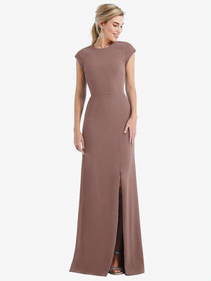 【STYLE: TH051】Cap Sleeve Open-Back Trumpet Gown with Front Slit【COLOR: Sienna】