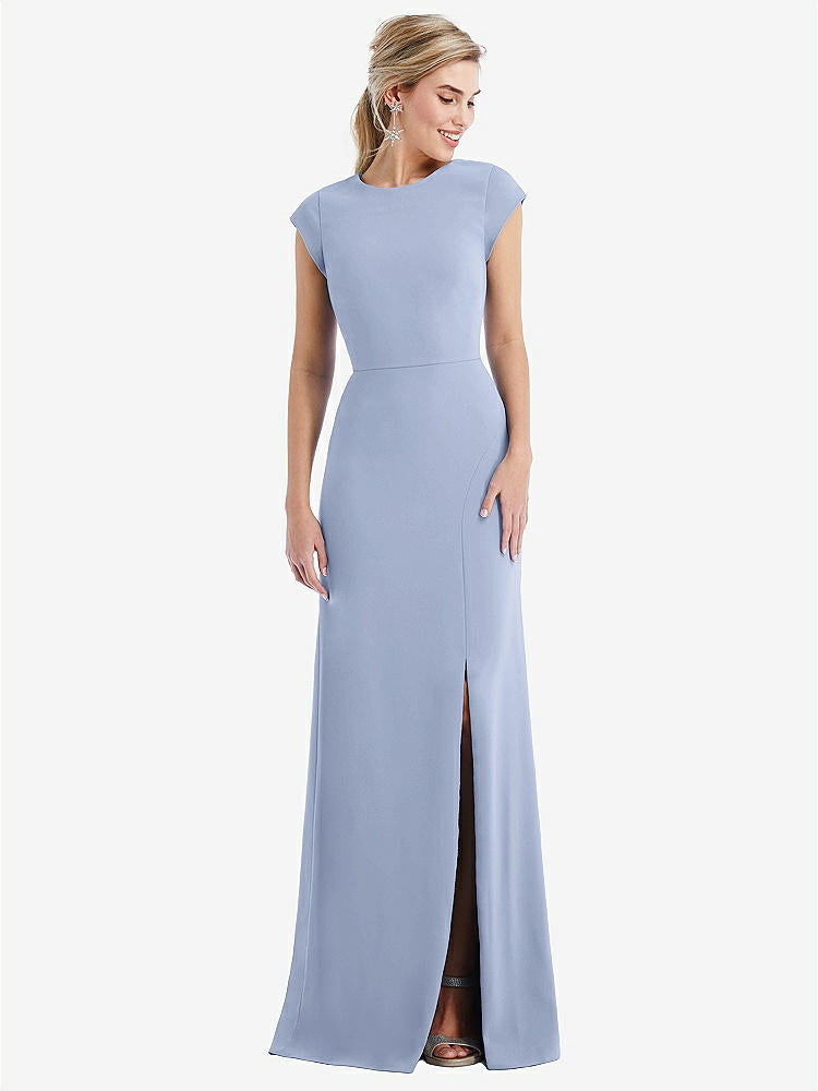 【STYLE: TH051】Cap Sleeve Open-Back Trumpet Gown with Front Slit【COLOR: Sky Blue】