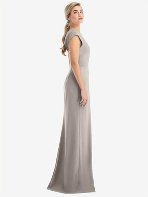 【STYLE: TH051】Cap Sleeve Open-Back Trumpet Gown with Front Slit【COLOR: Taupe】