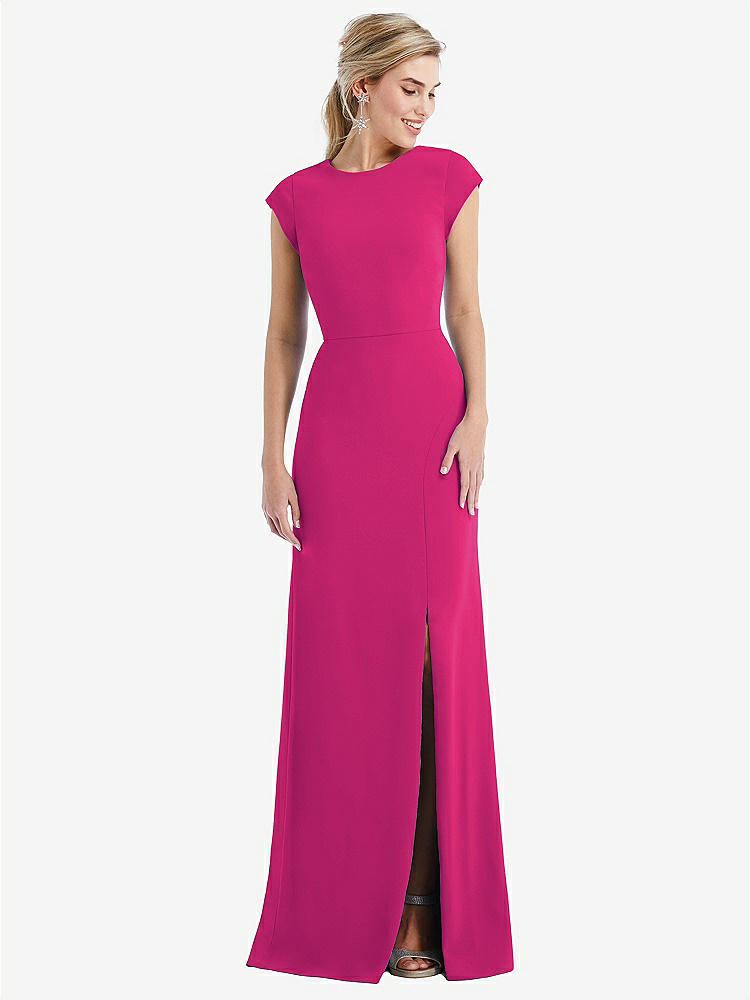【STYLE: TH051】Cap Sleeve Open-Back Trumpet Gown with Front Slit【COLOR: Think Pink】
