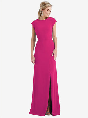 【STYLE: TH051】Cap Sleeve Open-Back Trumpet Gown with Front Slit【COLOR: Think Pink】
