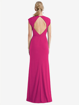 【STYLE: TH051】Cap Sleeve Open-Back Trumpet Gown with Front Slit【COLOR: Think Pink】