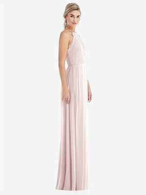 【STYLE: TH053】Tie-Neck Lace Halter Pleated Skirt Maxi Dress【COLOR: Blush】