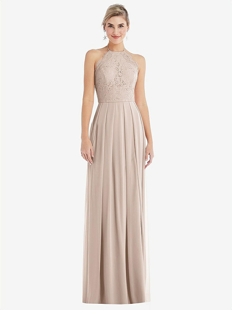 【STYLE: TH053】Tie-Neck Lace Halter Pleated Skirt Maxi Dress【COLOR: Cameo】