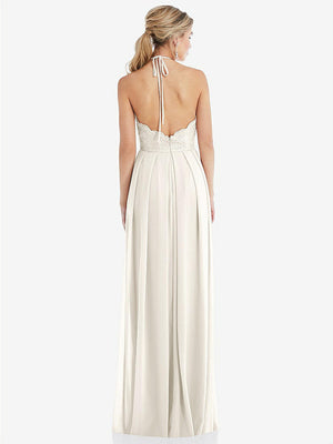 【STYLE: TH053】Tie-Neck Lace Halter Pleated Skirt Maxi Dress【COLOR: Ivory】