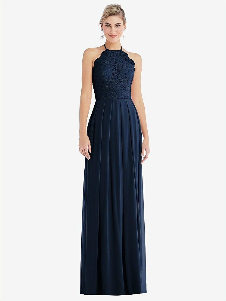 【STYLE: TH053】Tie-Neck Lace Halter Pleated Skirt Maxi Dress【COLOR: Midnight Navy】
